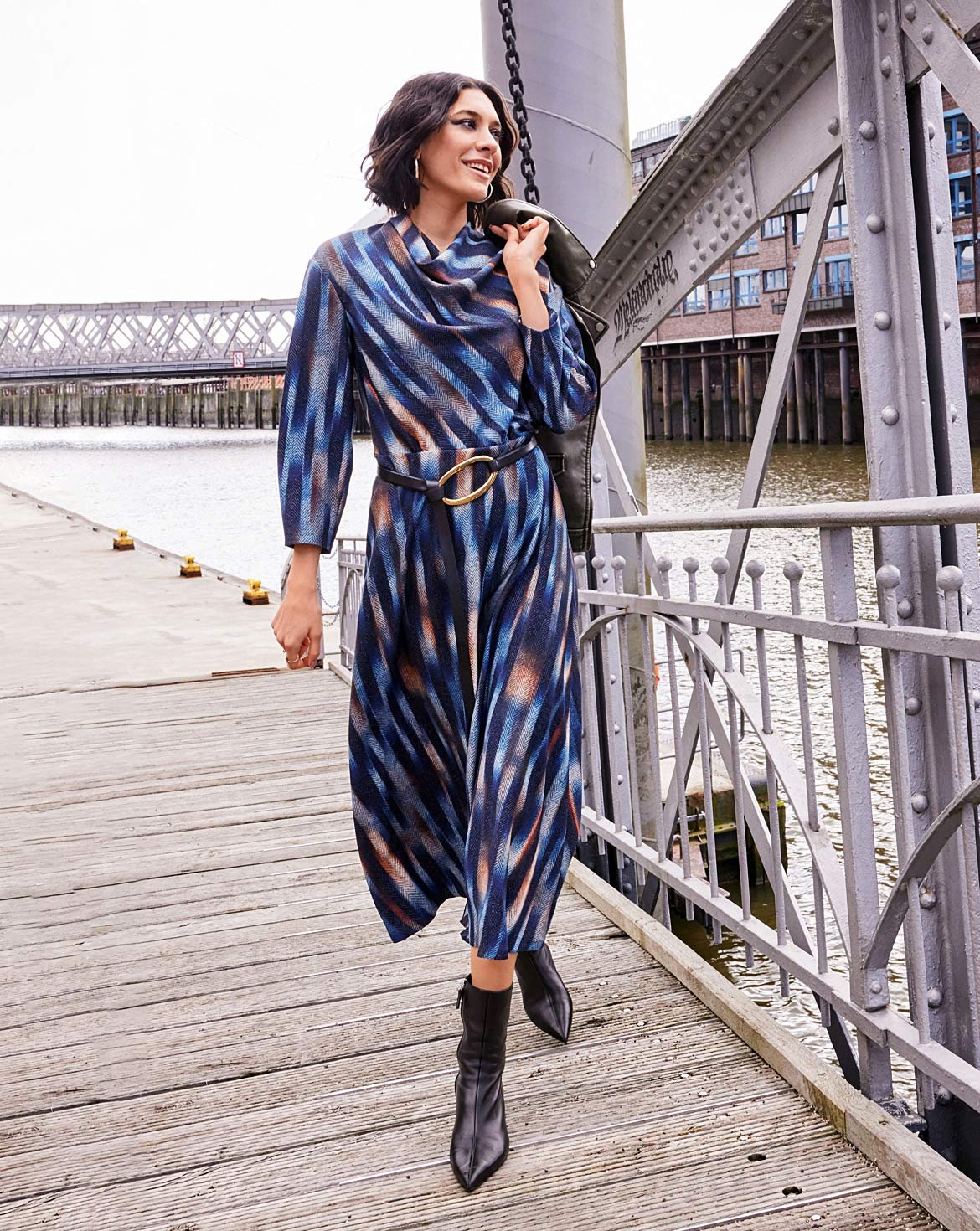 long sleeve polyester dress Long Polyester Dress with Lapel Collar and Wrap Waist for Women