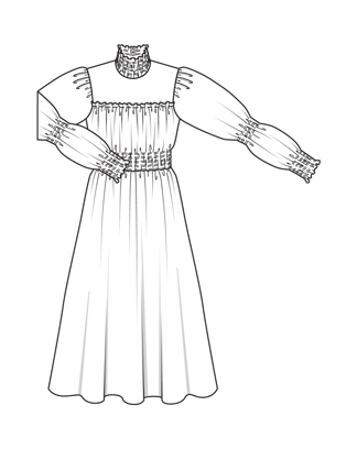 burda symønster dame maxi kjole med flæser og smockdetaljer 12/24 #112 