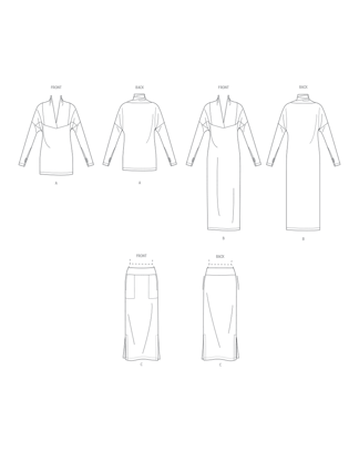 Ensemble de patrons Vogue pour femmes : robe, top et jupe #V2076.Y5 taille 44-52