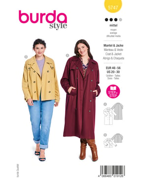 burda symönster för dam trenchcoat med raglanärmar och breda passpoalfickor & fodrad kort jacka med knappslå #5747 