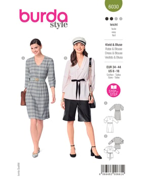 patrón burda de señora vestido midi y blusa con cintura elástica 6030 talla. 34-44 | Por Correo