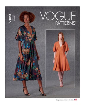 Patron Vogue robe mi-longue femme avec manches papillon #V1801 tailles 32-40