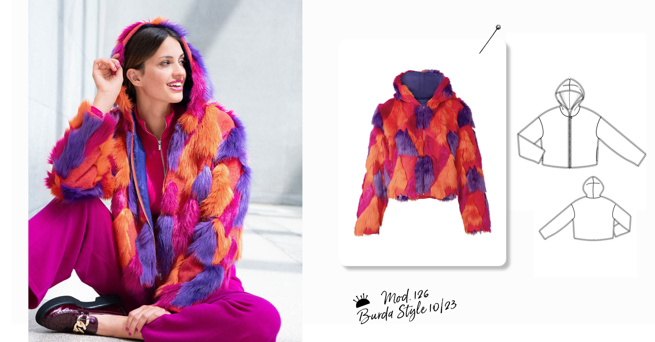 Multicolored plush jacket: original stitching Multicolored plush jacket: original stitching